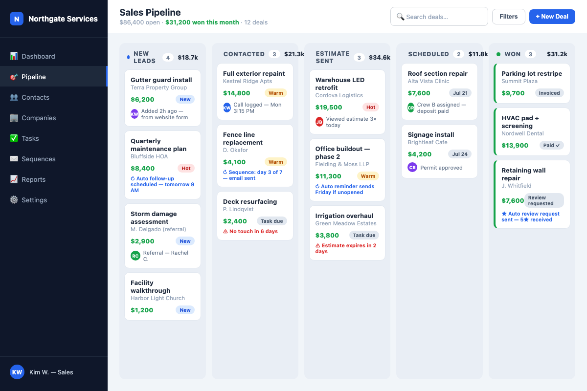 Custom sales pipeline — deals by stage with automated follow-ups, estimate tracking, and stale-deal alerts